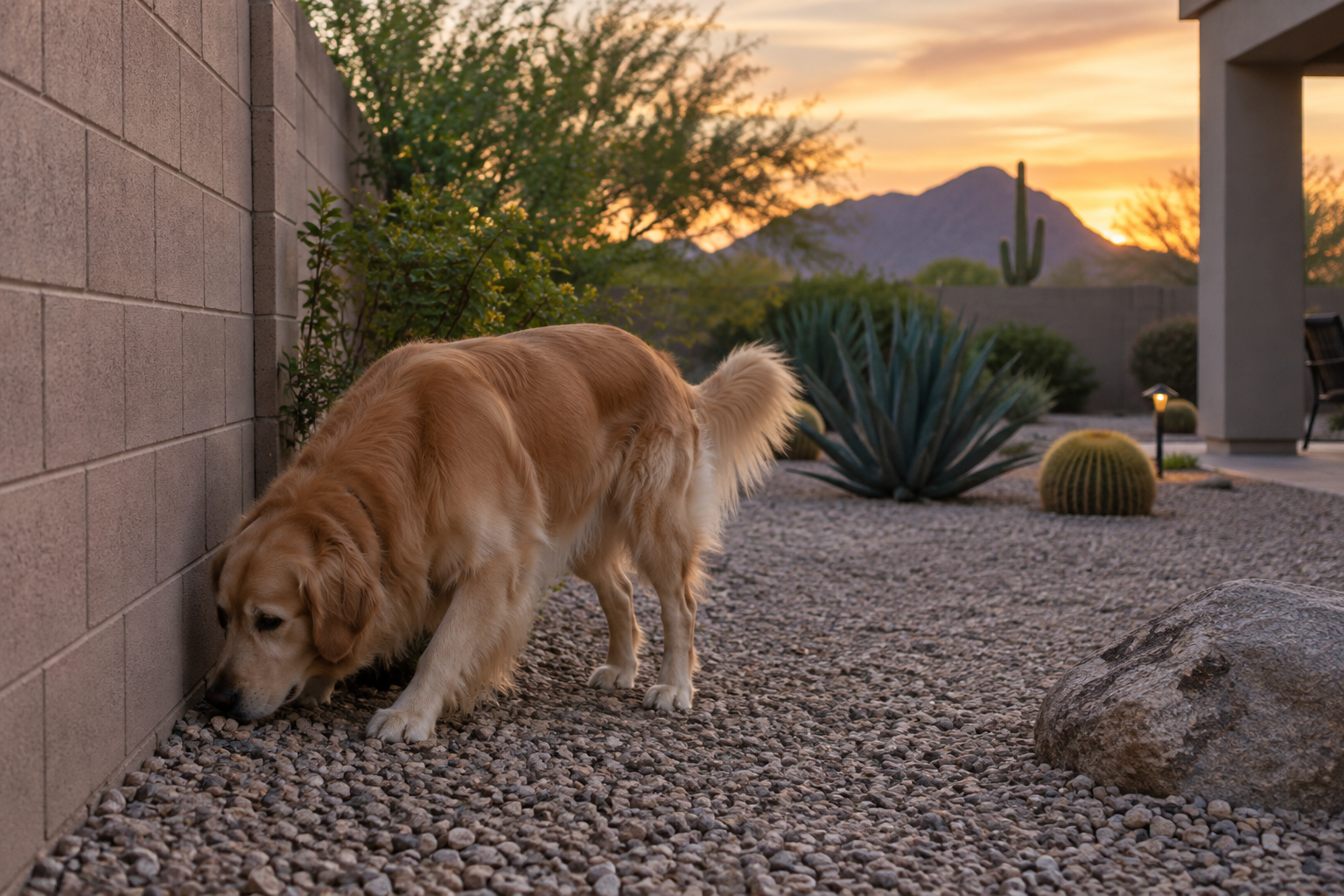 Golden retriever sniffing along a block wall in a Scottsdale backyard at dusk with desert landscaping