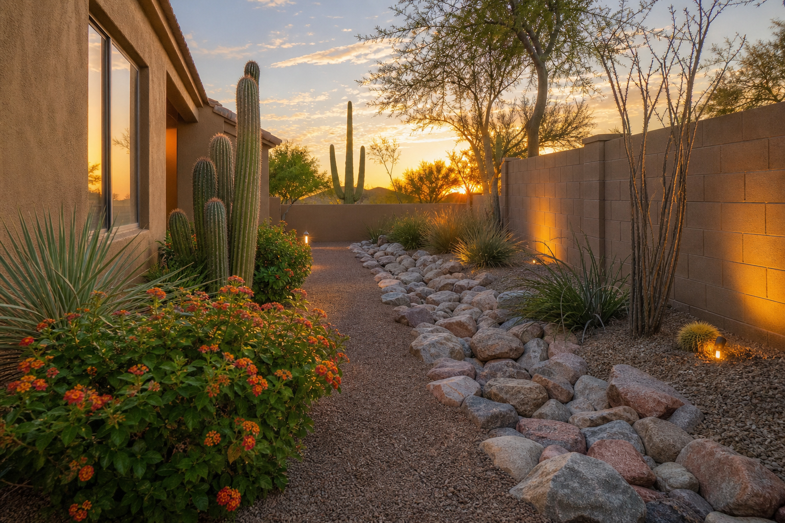 Desert landscaping with river rock, cacti and dense lantana beside a Scottsdale home at dusk