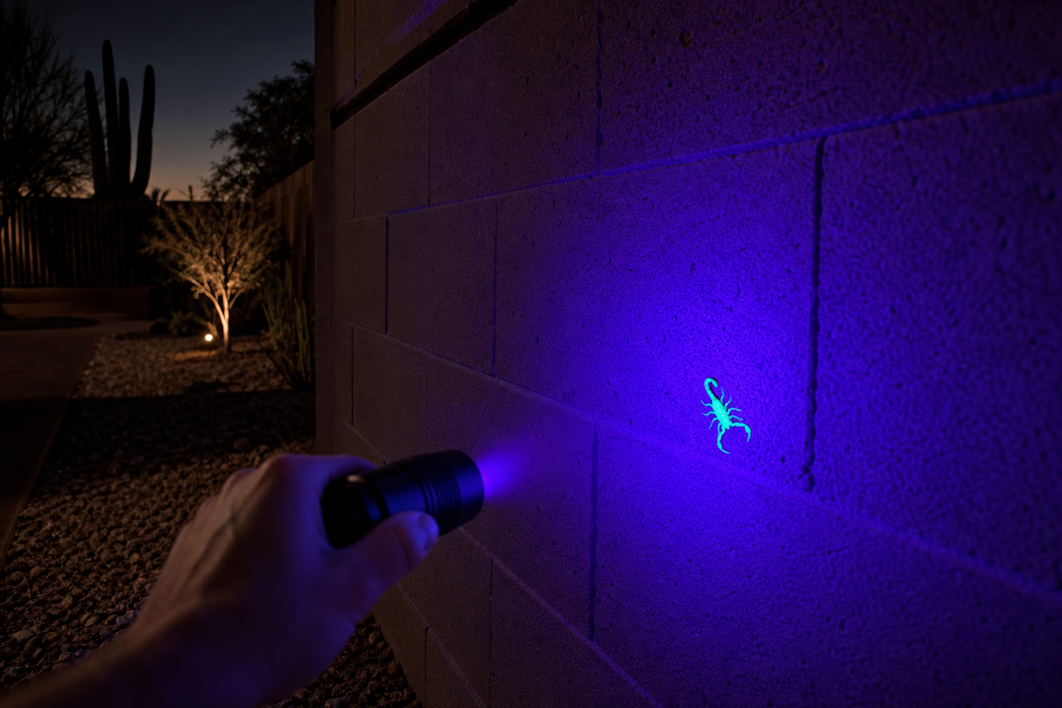 Homeowner using a UV blacklight flashlight to reveal a glowing bark scorpion on a block wall in a Scottsdale backyard at night