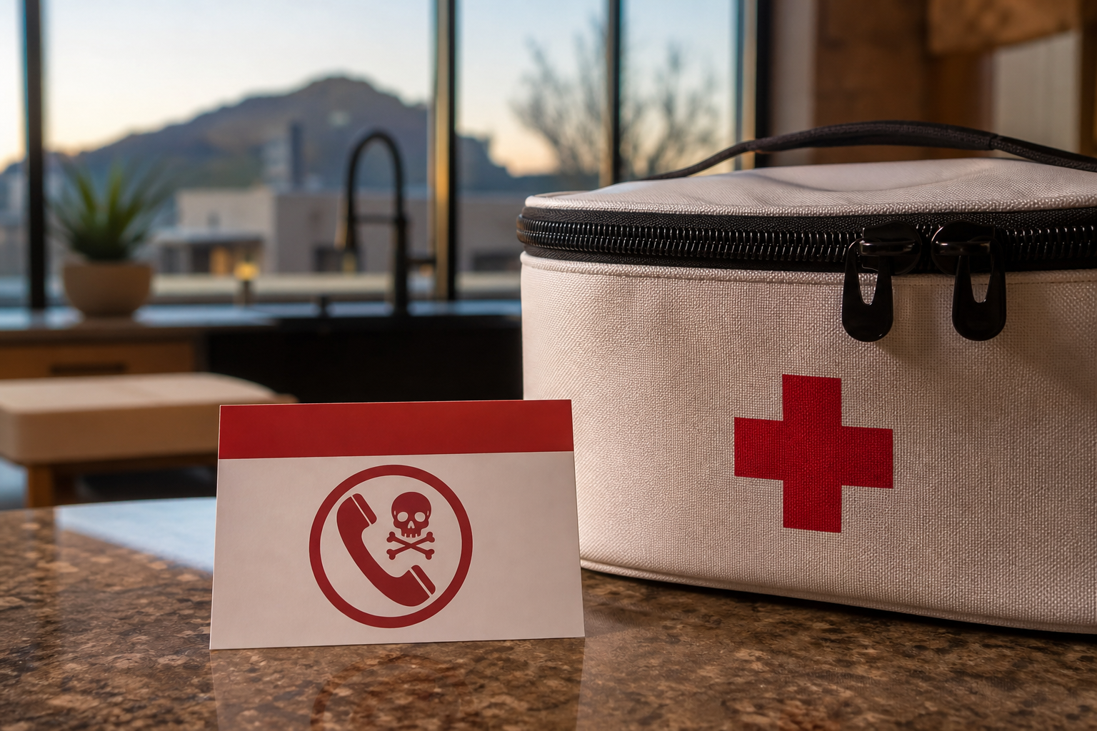 First aid kit and poison control card on a kitchen counter in a Scottsdale home
