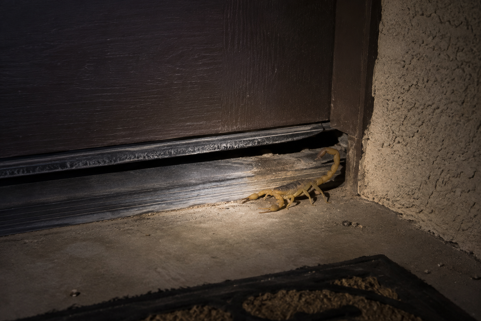 Close-up of a worn door threshold gap at night with a bark scorpion near a Scottsdale home entry, flashlight beam