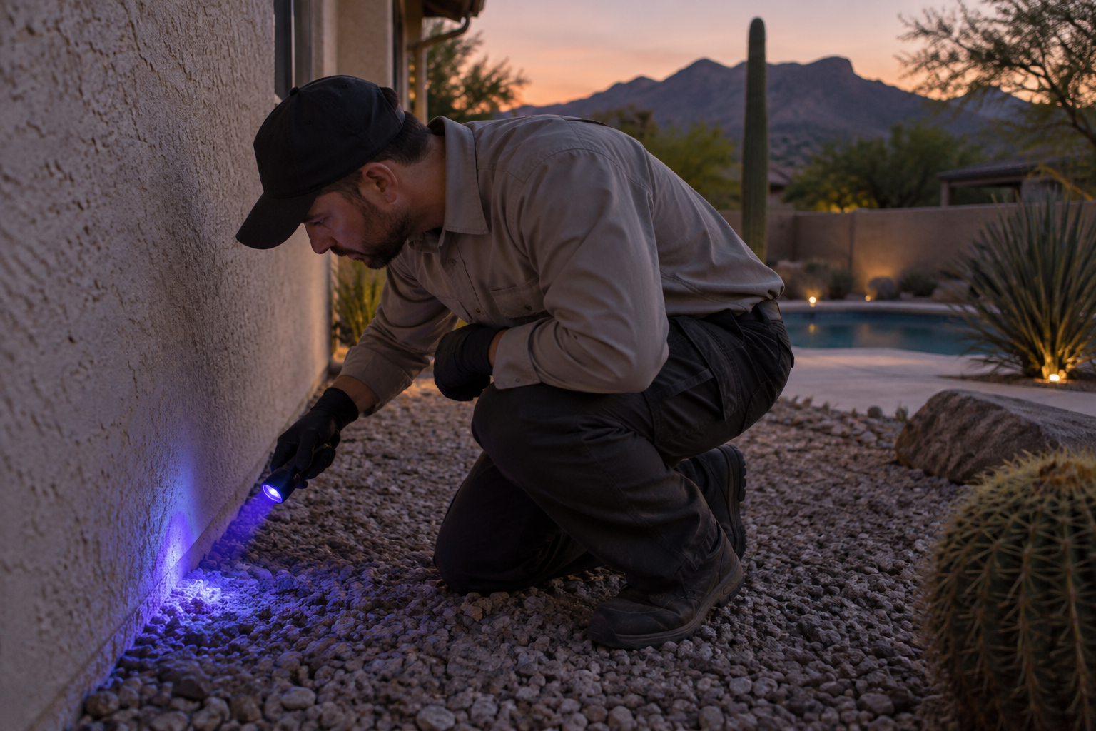 Pest control technician with a UV flashlight inspecting the base of a stucco wall at dusk in a Scottsdale backyard