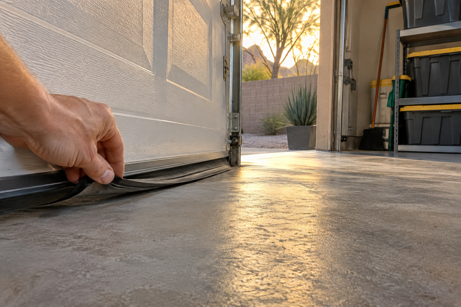 Homeowner inspecting the garage door seal in a Scottsdale garage to keep scorpions out during fall migration